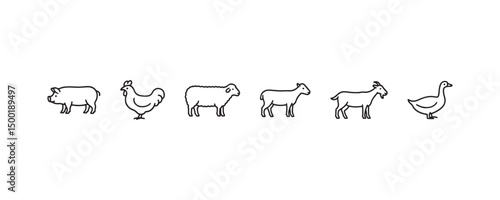 Line drawing of farm animals: pig, chicken, sheep, lamb, goat, goose.