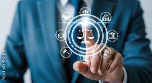 Person touching legal icons on a digital interface for law firm marketing and legal technology