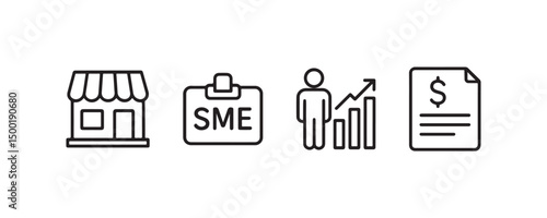 Small business icons: storefront, sme badge, growth chart, financial document.