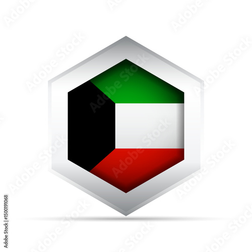 Free Download Kuwait Flag in Hexagon Shape – 3D-Style Vector Icon with Black Trapezoid and Pan-Arab Colors - GFXLoad