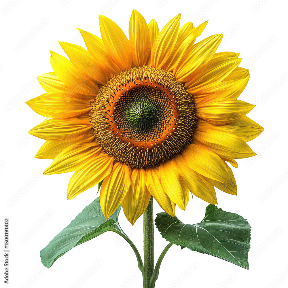 Fototapeta premium Sunflower blossom close up bright yellow petals and green leaves photography on transparent background