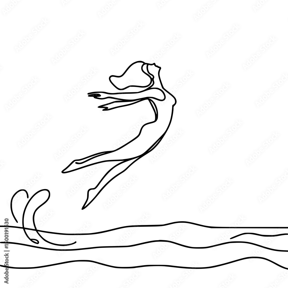 Woman jumping joyfully over waves in a single line outline vector Woman jumping joyfully over waves in a single line outline vector
