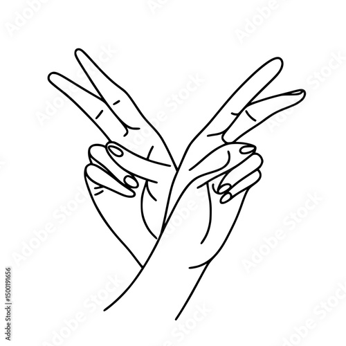 Two crossed hands forming peace signs in simple line vector outline