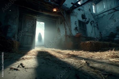 Wallpaper Mural Mysterious Barn Interior with Sunlight Streaming Through the Door Creating a Haunting Atmosphe Torontodigital.ca