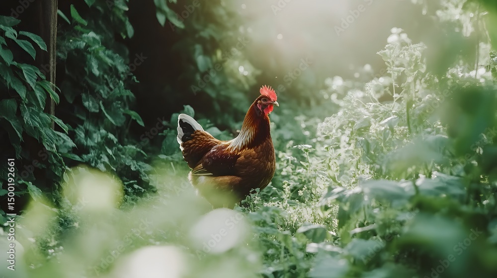 Fototapeta premium Beautiful Brown Hen in Lush Green Garden Sunlight