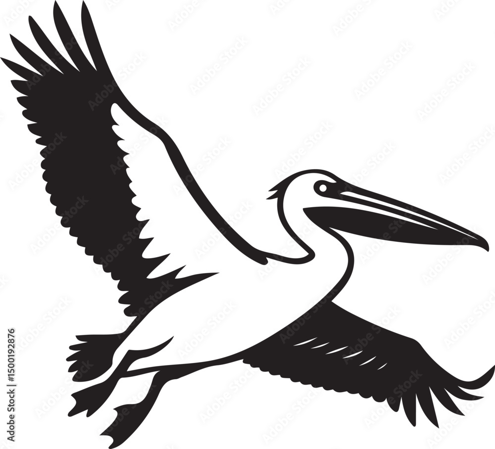 Obraz premium Pelican in flight black silhouette design, Flying pelican artwork black and white