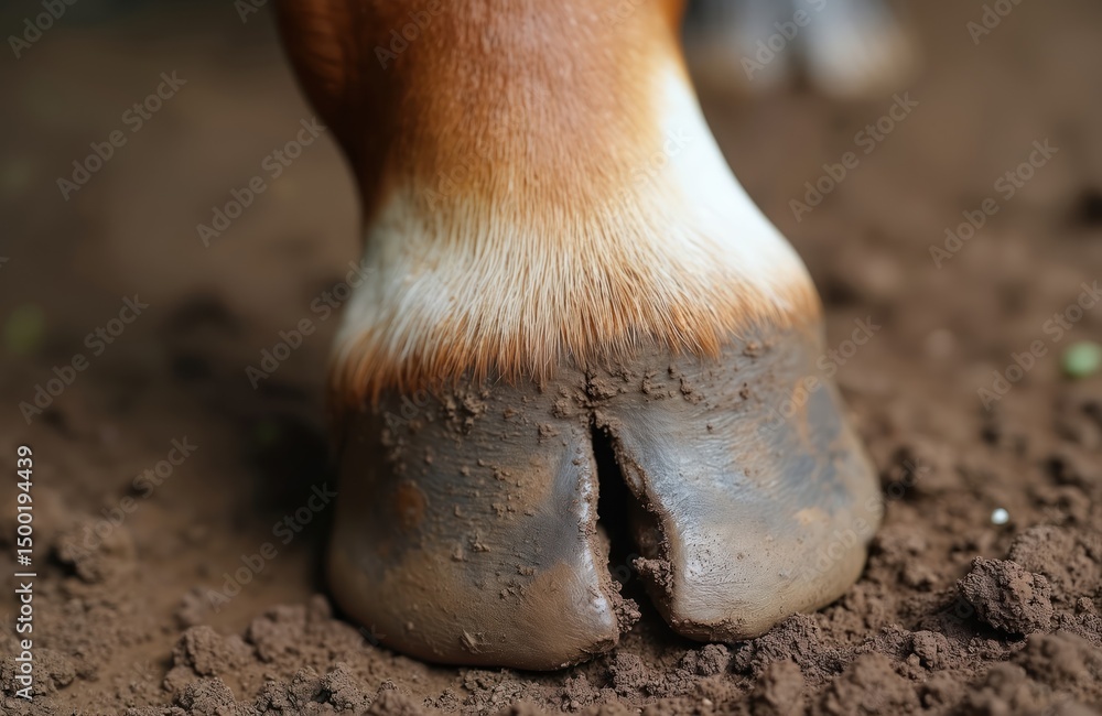 Fototapeta premium Close-up horse foot with mud, pastern dermatitis, likely before treatment. Focus on hoof. Equine skin problem, potential fungal infection, parasite related, or from environmental impact.