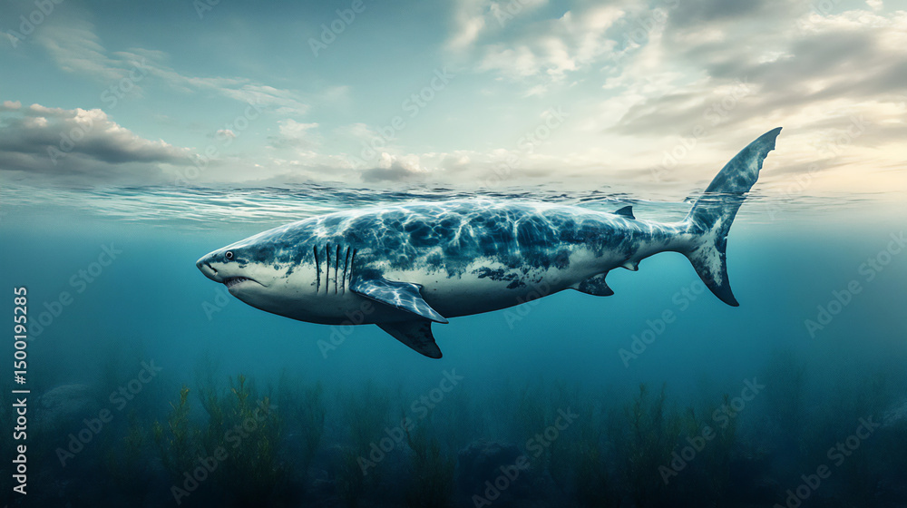 Fototapeta premium Majestic shark glides through calm blue ocean, representing power and grace within natural ecosystems