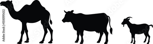 Cow Camel and Goat Silhouettes on White Background