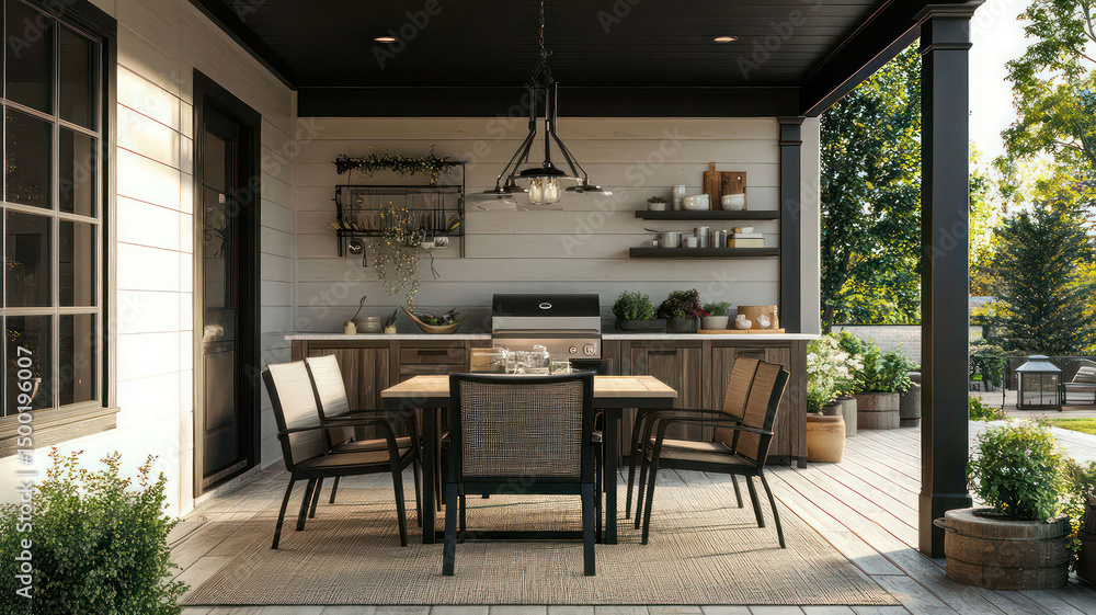 Fototapeta premium Skylit outdoor kitchen with weather-resistant furniture