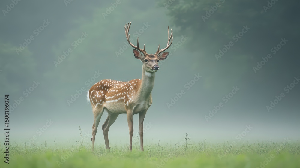 Fototapeta premium Deer stands in a field with its head held high. The image has a peaceful and serene mood
