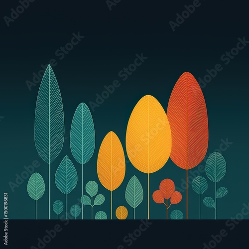 Row of Abstract Colorful Vector Trees on a Gradient Background