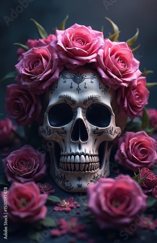 Sugar skull illustration decorated for Day of Dead with floral headpiece. Skulls important symbol of holiday. Illustration captures decorative skull in festive environment. Digital art generative AI.