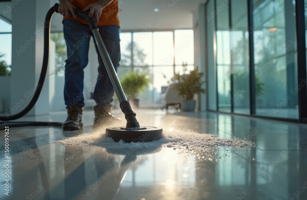Fototapeta premium Worker cleans office floor with special cleaning machine. Man washes floor, removes dirt, dust with water. Daily routine office hygiene. Pro janitor, cleaner at job in big modern business center.