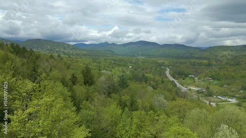 Lush Mountain Landscape Under Stormy Sky in Maine, drone 4K