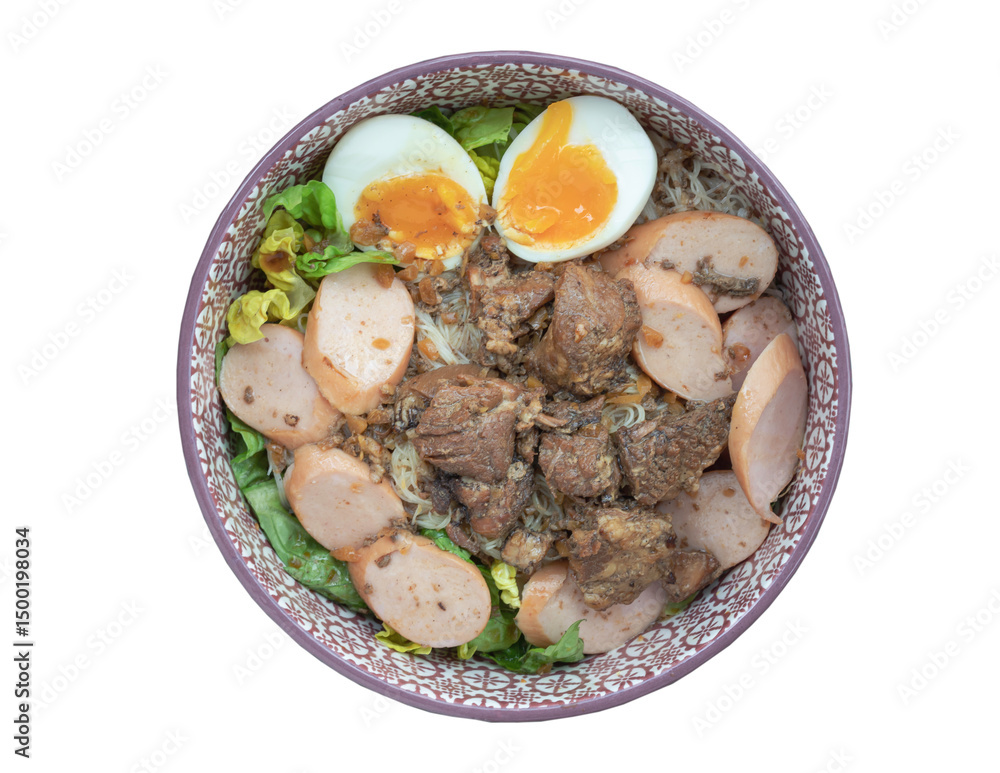 Top view of Rice vermicelli noodles brown soup (thin rice noodles) with cutting sausage, boiled egg, braised pork (stewed pork) and vegetables in ceramic bowl isolated on white background with clippin Top view of Rice vermicelli noodles brown soup (thin rice noodles) with cutting sausage, boiled egg, braised pork (stewed pork) and vegetables in ceramic bowl isolated on white background with clippin