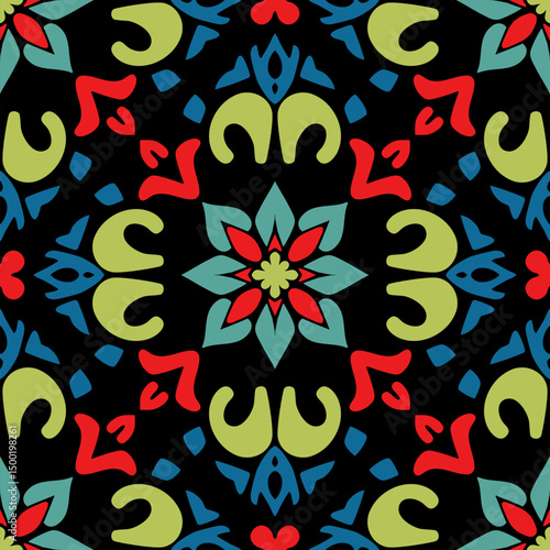 Vector colorful seamless pattern in ethnic folk style. Abstract floral geometric ornament with indian, mughal, oriental, indonesian, asian, mexican motifs. Background texture. Traditional geo design