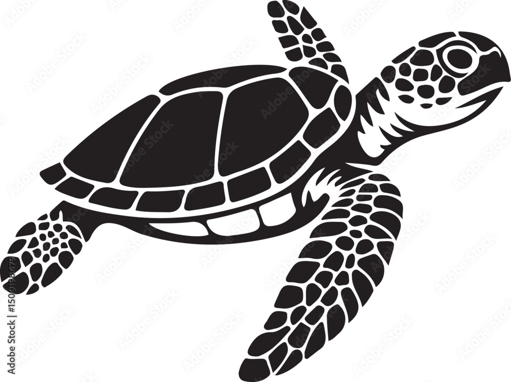 Fototapeta premium Bold sea turtle black white silhouette, Strong marine animal simple style