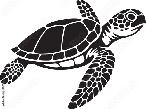 Bold sea turtle black white silhouette, Strong marine animal simple style