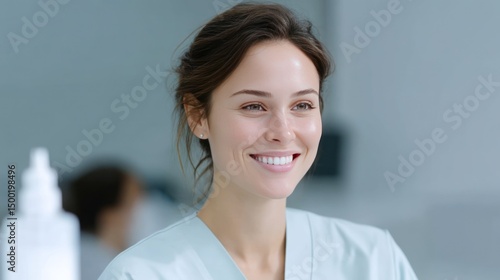 Smiling female doctor in clinic, colleagues blurred
