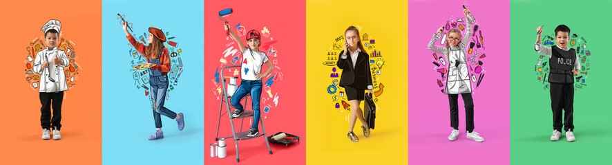 Set of little children in uniforms of different professions on color background