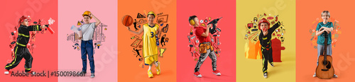 Set of little boys in uniforms of different professions on color background