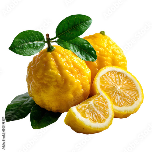 Whole yuzu with yellow bumpy skin and leaf, sliced to show juicy yellow interior, isolated on white