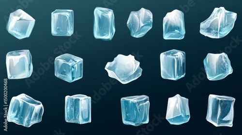 Ice cube vector illustration showing multiple transparent crystal-clear ice cubes floating in the air with full depth of field.