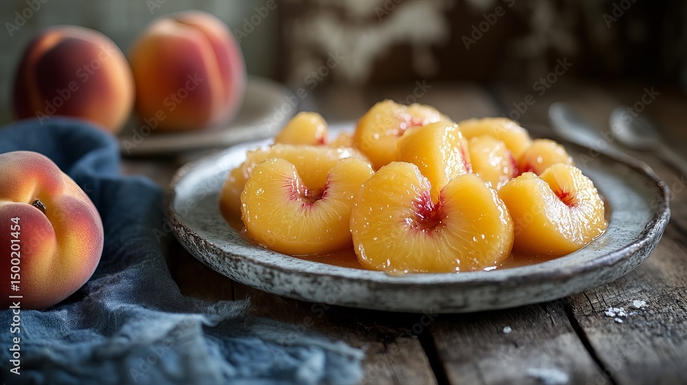 Sliced peaches are arranged on a gray plate set on a weathered wooden table, accompanied by whole peaches and a blue cloth. Sliced peaches are arranged on a gray plate set on a weathered wooden table, accompanied by whole peaches and a blue cloth.