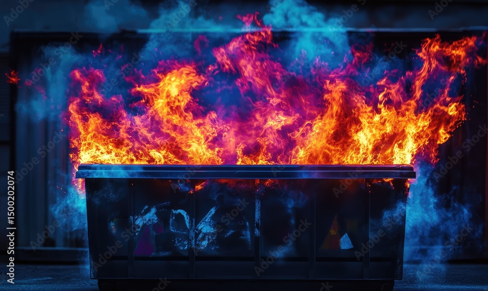 Obraz premium Dumpster fire spiraling out of control, intense flames beyond containment. AI generated illustration.