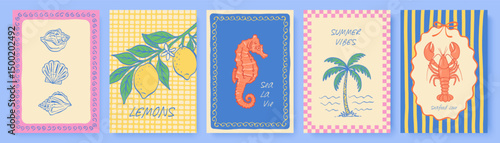 Vertical summer greeting cards set with text phrases like lemons, sea la vie, summer vibes, and seafood love, featuring marine and fruit illustrations in colorful retro design, vector illustration