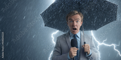 A reporter stands in the rain holding an umbrella, looking concerned during a stormy weather report