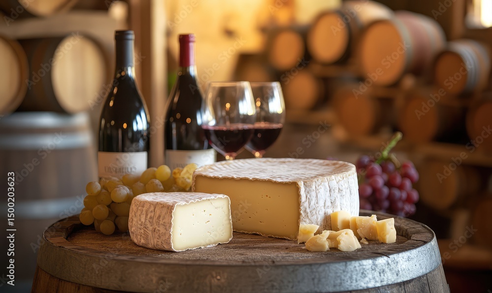 Naklejka premium Cheese aging process in a winery setting, showcasing natural maturation. AI generated illustration.
