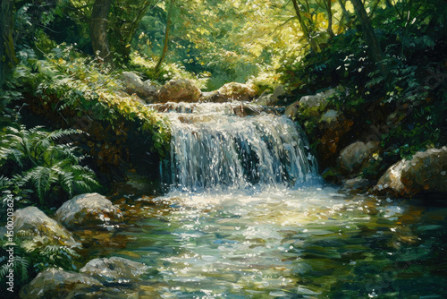 Serene waterfall cascading through lush green forest, sunlit rocks and ferns.