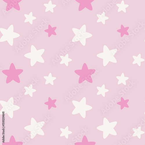 Seamless pattern with white and pink stars. Good night children's, scandinavian nursery illustration in soft pastel pink color.
