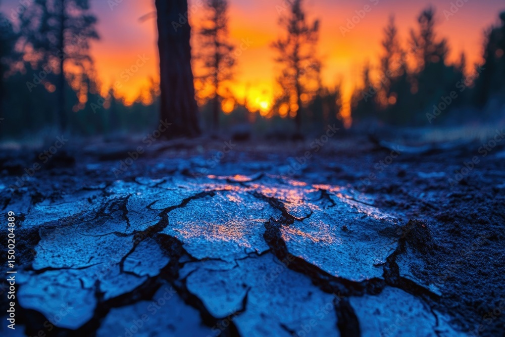 Obraz premium Cracked earth glows blue at sunset, reflecting the fiery orange sky behind a silhouetted forest.