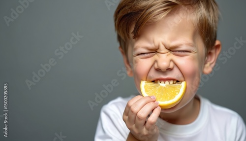 Funny boy eats slice lemon, sour expression on face. Kid experiences citrus fruit sourness, making grimace. Child enjoys vitamin snack. Healthy eating for children. Gray background.