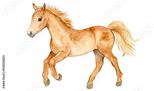 Charming watercolor illustration of a playful kid horse. AI generated illustration.