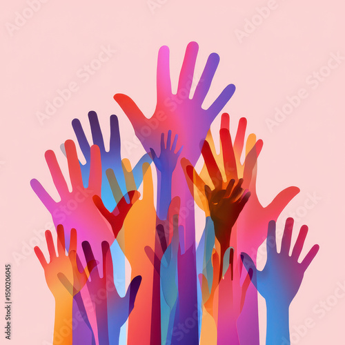 Diversity and Unity Colorful Hands Reaching Upward in a Vibrant Illustration