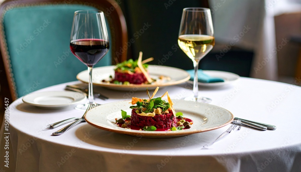Veal tartare with caper mousse, beetroot gel, and parmesan crisp — red, green, cream. Veal tartare with caper mousse, beetroot gel, and parmesan crisp — red, green, cream.