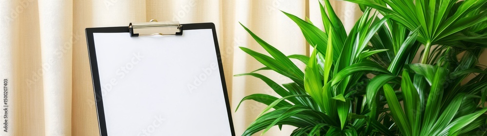 Obraz premium Greenery and light beige curtains envelop an empty clipboard