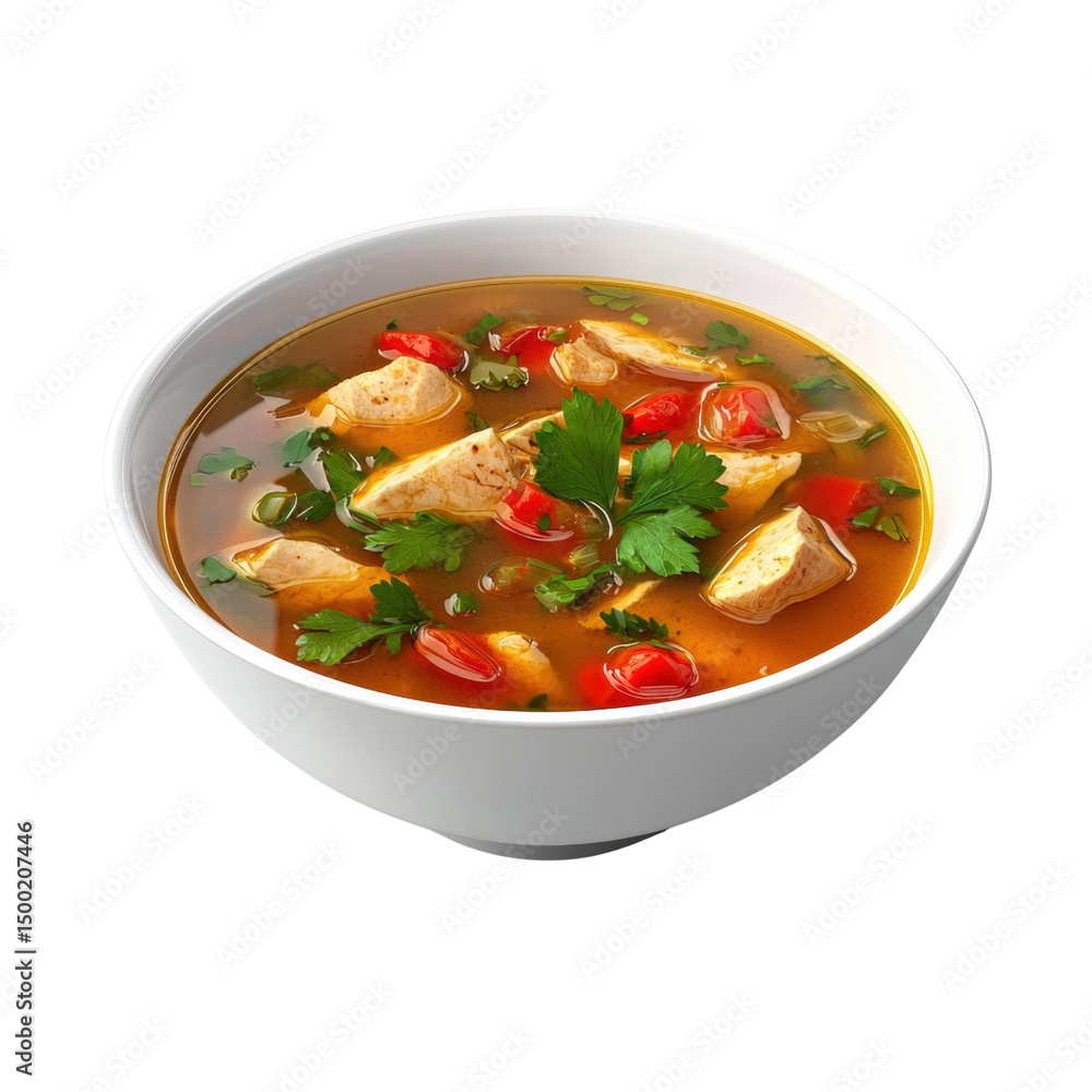 the picture shows a white bowl of soup, set against a black background. the soup appears to be a thin broth filled with cut pieces of meat, sliced red vegetables, and green leafy herbs the picture shows a white bowl of soup, set against a black background. the soup appears to be a thin broth filled with cut pieces of meat, sliced red vegetables, and green leafy herbs