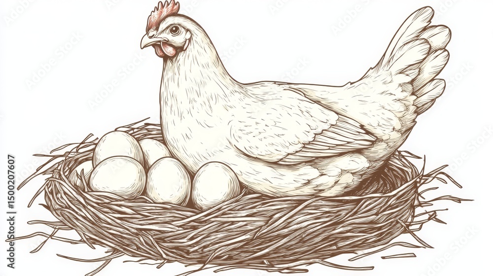 Fototapeta premium The image shows a hen with eggs resting in a carefully constructed nest