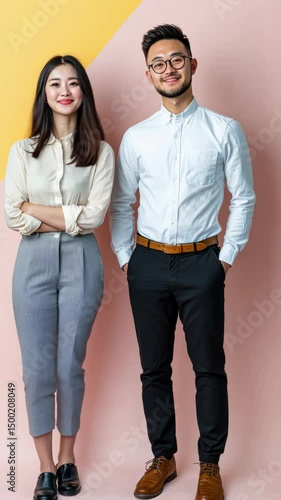 Stylish couple portrait showcasing modern fashion and clothing against vibrant backdrop.