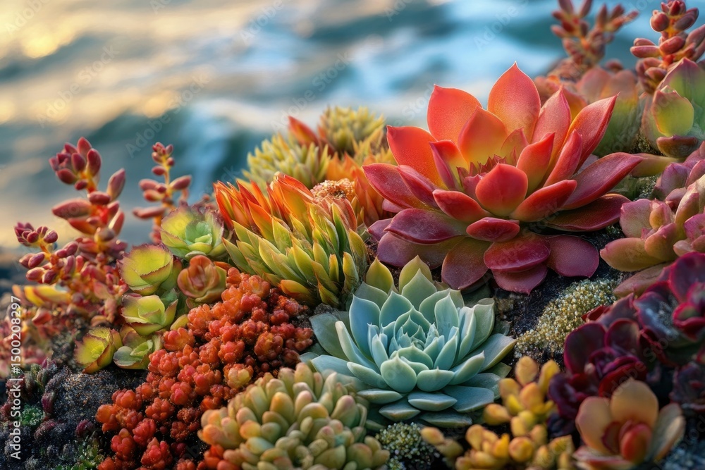 Fototapeta premium A vibrant collection of succulents in various colors and textures, thriving near the ocean.