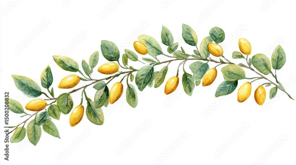A detailed representation of a branch from an almond tree, including its leaves, is shown A detailed representation of a branch from an almond tree, including its leaves, is shown