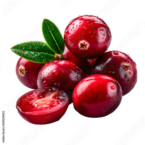 Whole cranberry bunch with glossy red skin and green leaf, sliced cranberry showing juicy interior, isolated on white