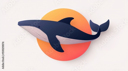 A stylized blue whale swims in front of an orange sunset in this minimalist illustration.