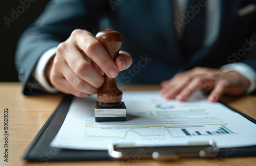 Businessman hand stamps document. Legal approval concept. Office work, paperwork. Signing, agreement, contract. Application, permit, visa. Guarantee, authorization, permission. Business, law,
