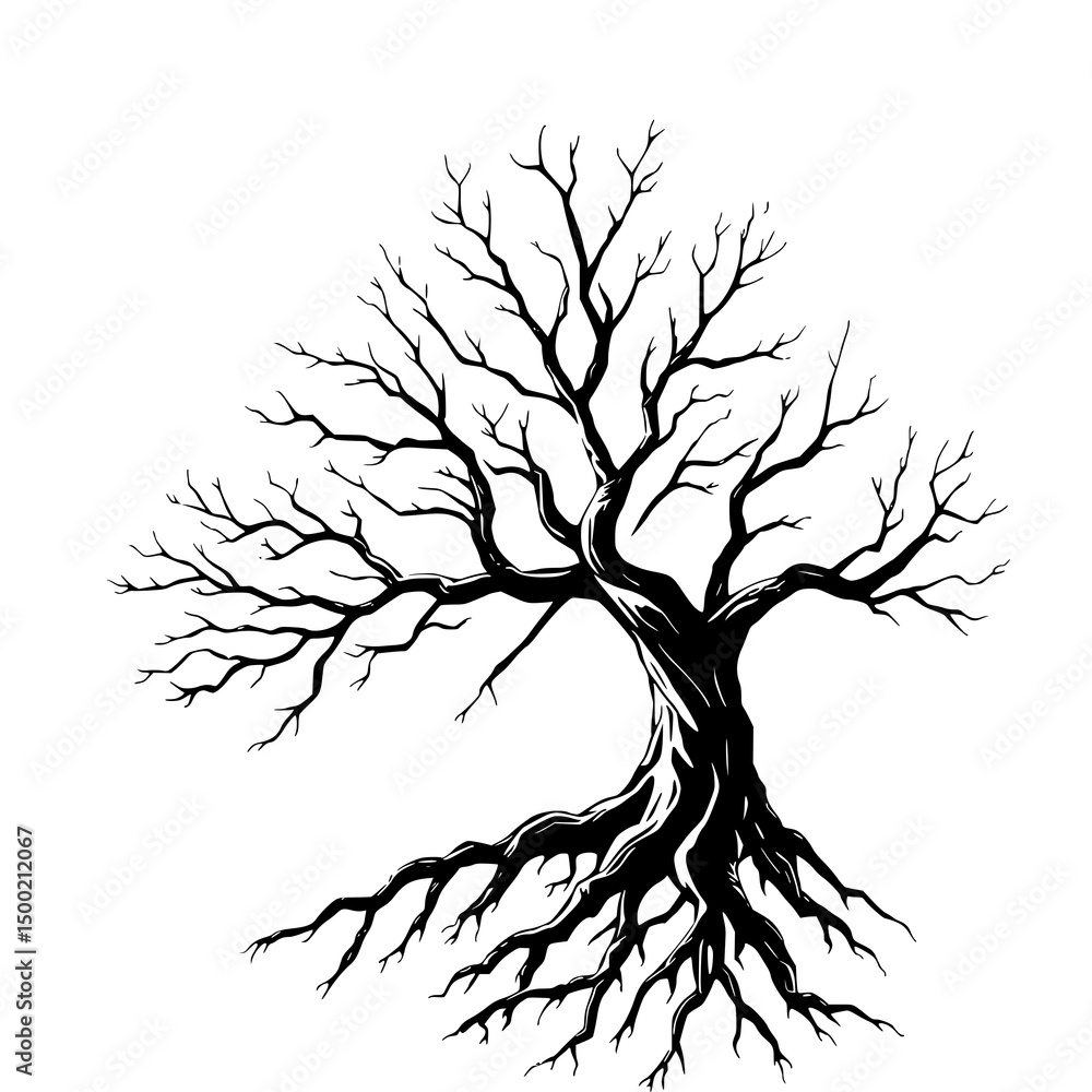 Obraz premium Barren Tree Illustration: A stark, monochrome line art depicting a leafless tree with exposed roots, conveying a sense of resilience and age.